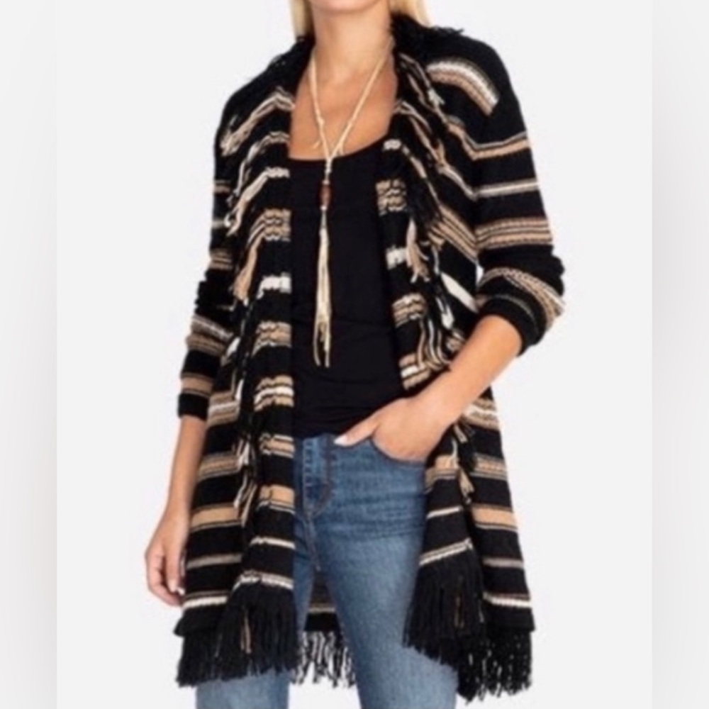 Johnny Was Cozy Black and Tan Fringe Cardigan